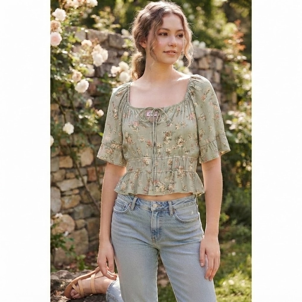 Pink Rose Floral Peasant Top Large Sage Green Smocked Waist Boho PS3W12415